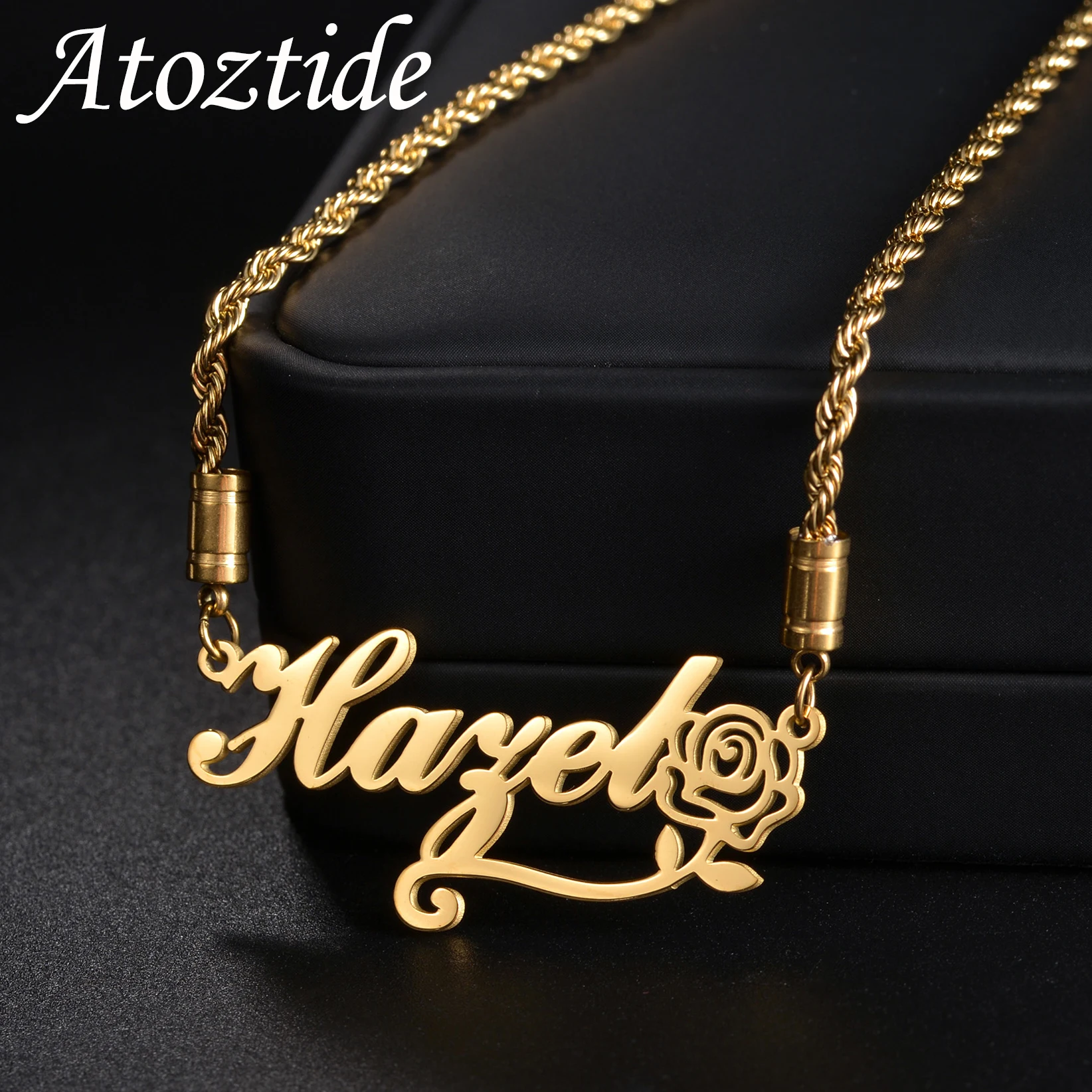 Atoztide-colares personalizados com nome para as mulheres, corrente de aço inoxidável com flor e flor pingente, jóias para presente de aniversário