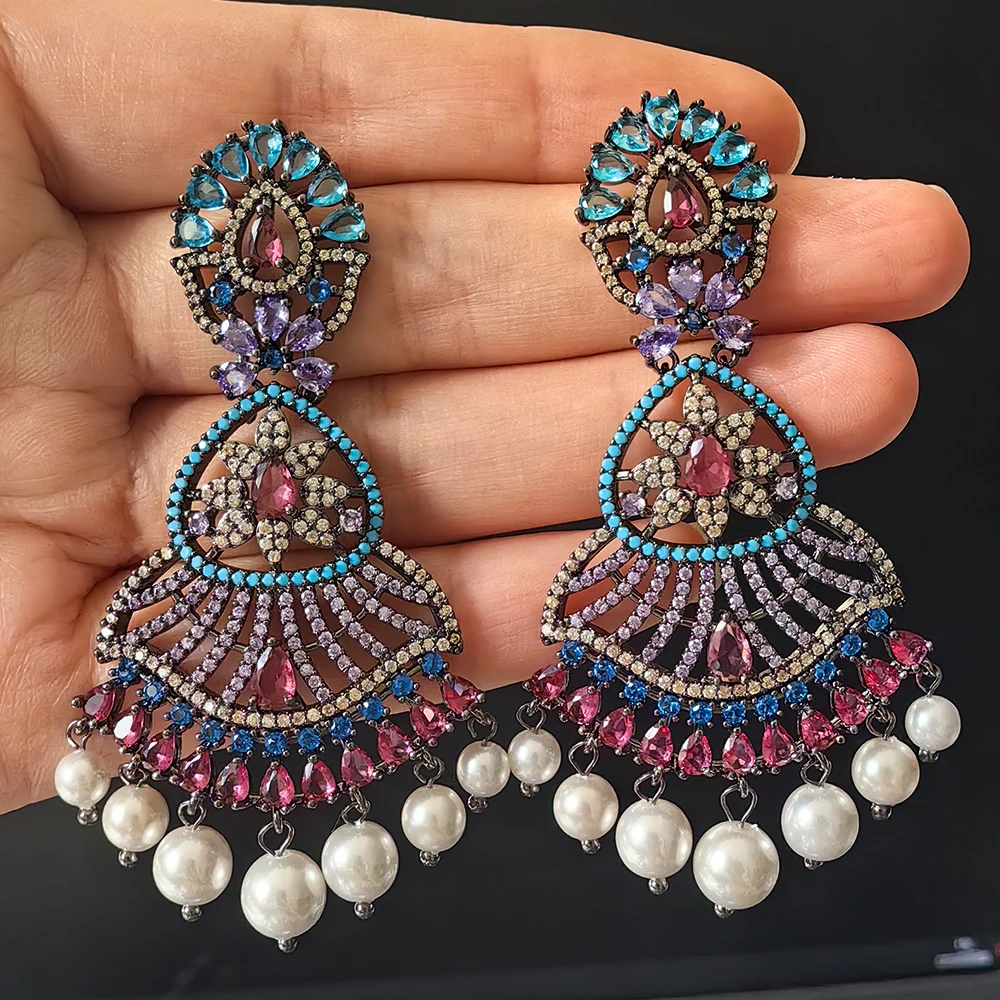 

large long earrings fan shaped pendant pearls drop bohemian earrings for women luxury jewelry zirconia blue pink purple