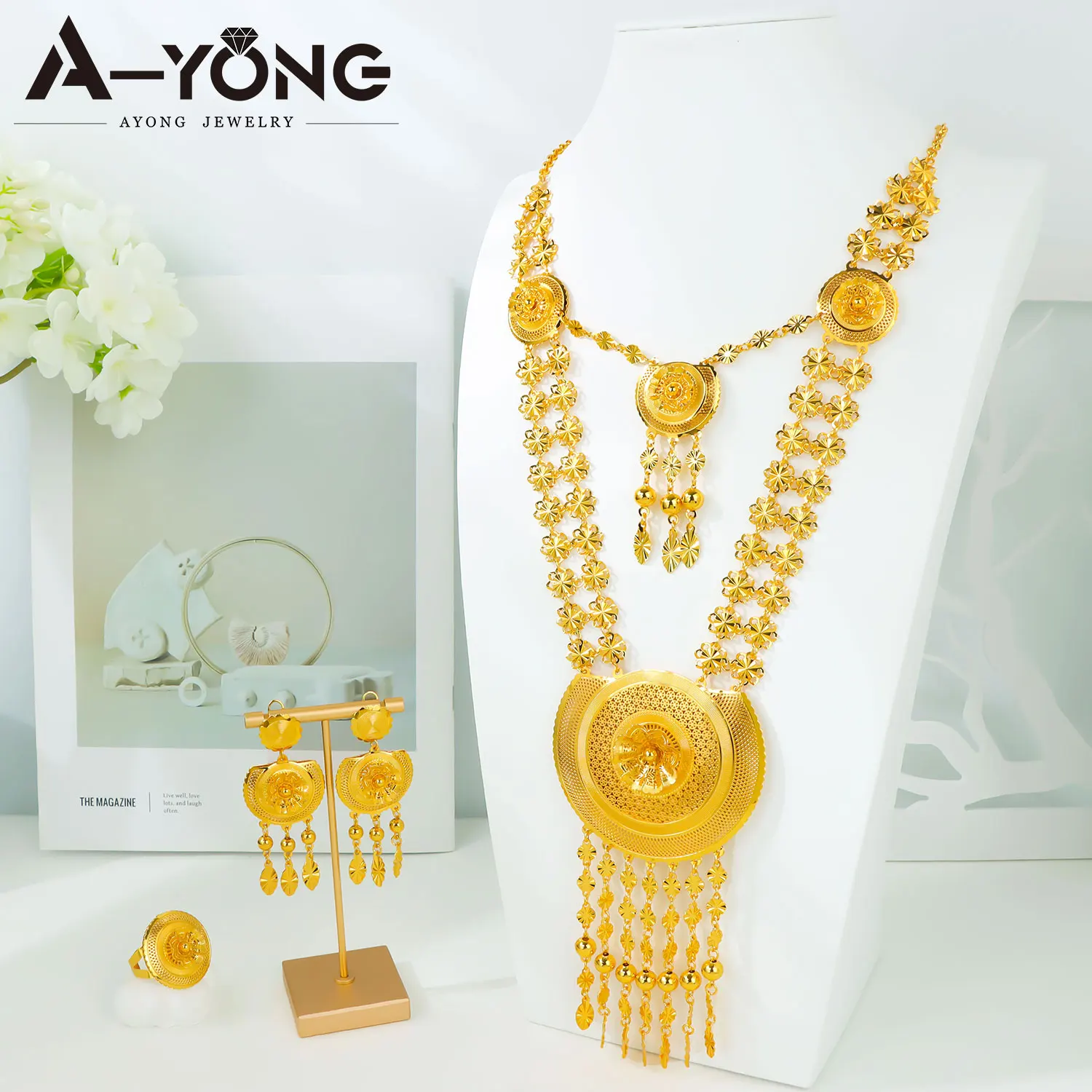 Luxury Habesha Vintage Jewelry African Tassel Gold Color Necklace Earrings Rings Ethiopian Women Bridal Wedding Jewelrys