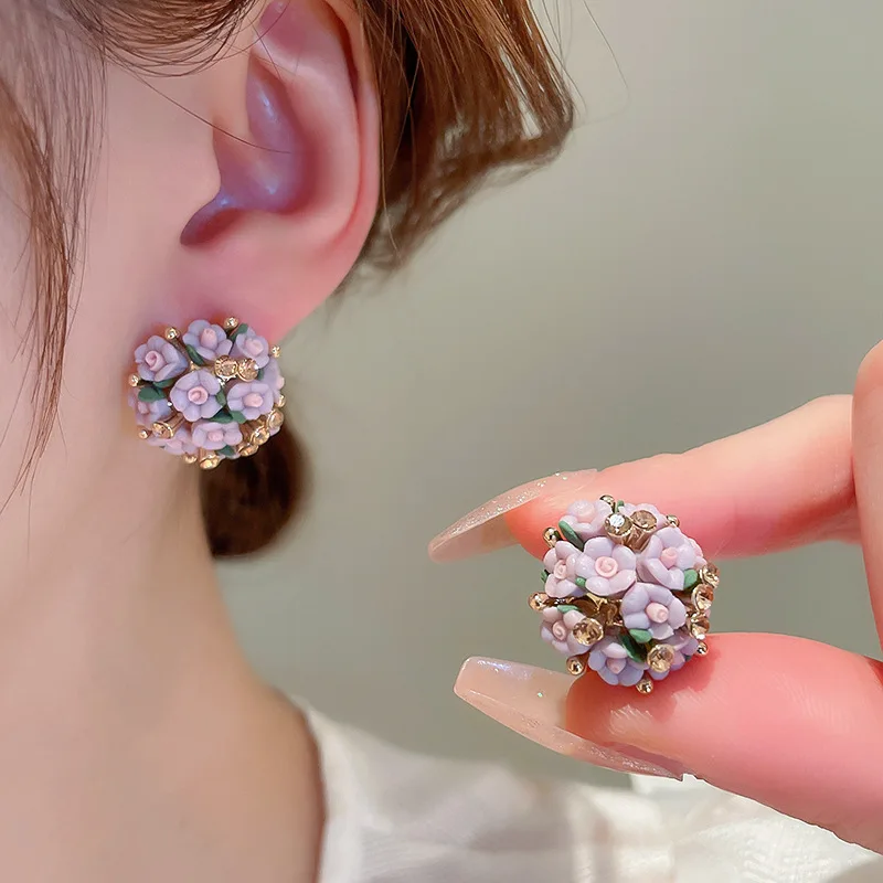 Silver-Needle Rhinestone Ceramic Cluster Flower Earrings - Stylish Designer Fresh Chic Studs for Women | Wholesale