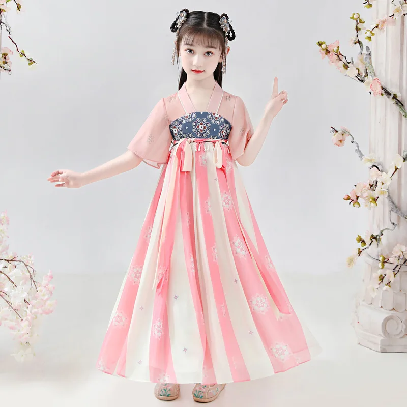 Nieuwe Kinderen Retro Chinese Stijl Bloemenprint Hanfu Kostuum Meisje Feestavond Prestaties Tonen Prinses Rok Cosplay Jurk