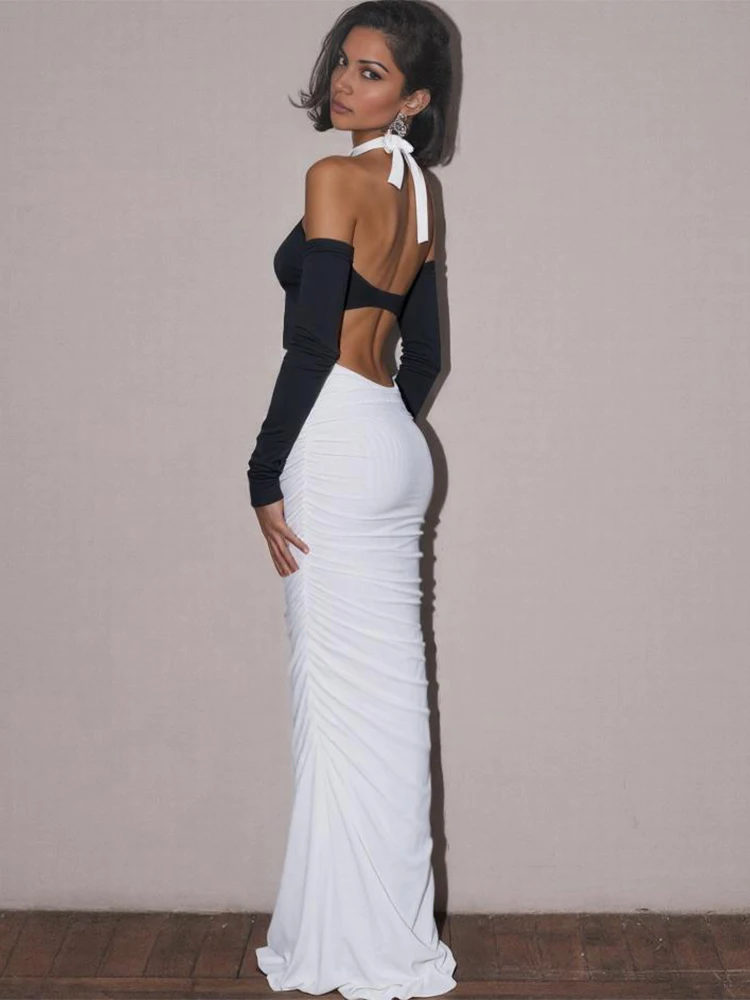 Kliou contraste de Color Patchwork vestido mujer vendaje Halter fuera del hombro espalda descubierta dobladillo fruncido medianoche fiesta de graduación Vestidos elegantes