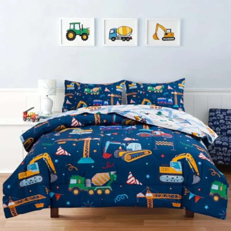 

Trucks Tractors Cars Boy Bedding Comforter Set with Sheets Size Cartoon Construction Car Excavator Print Bed in A Bag 5-Piece B