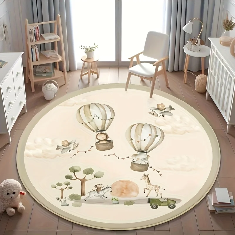 Hot Air Balloon Fairytale Cute Round Area Rug, Kids Room Non Slip Circle Carpet, Washable Living Room Bedroom Mat