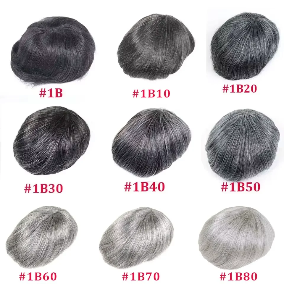 0.08-0.10MM Full Skin PU Toupee For Men V Loop Human Hair Men's Wigs #1B Men Capillary Prosthesis Hair Unit Replacement