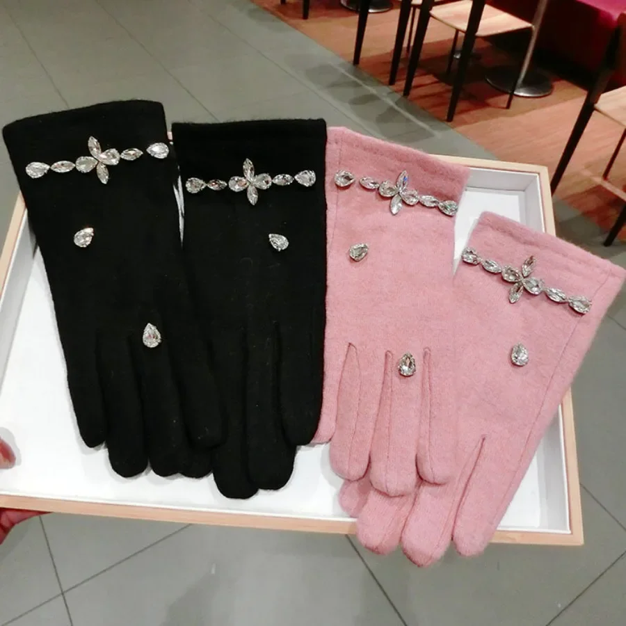 Cashmere Gloves for Women Autumn Winter Luxury Gloves Shiny Crystal Elegant Female Gift Touch Screen Plush Lining