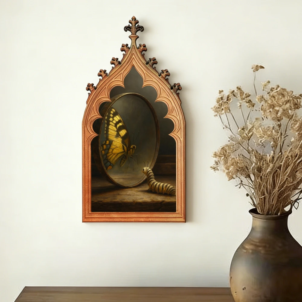 Cross-Border Gothic Church Window-Shaped Vintage Butterfly and Caterpillar Wooden Wall Plaque For Dark Retro Home Wall Decoratio