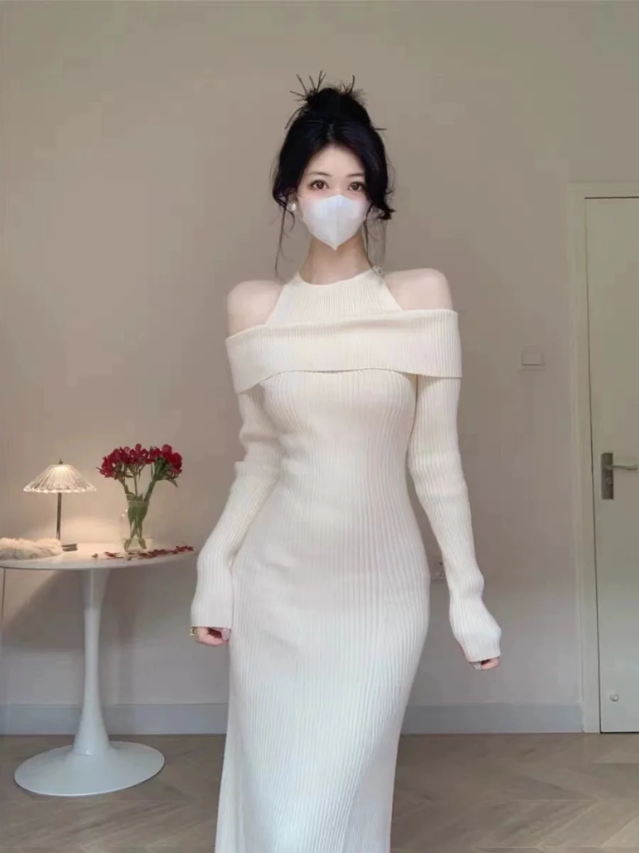 

Осенне-зимнее вязаное облегающее платье-русалка с одним открытым плечом, базовый слой, качественное, элегантное, с длинными рукавами, облегающее, в стиле бодикон