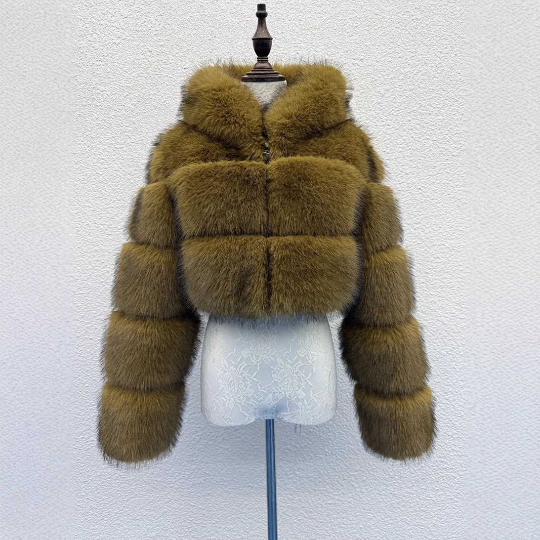 

Faux Fox Fur Coat Women Short Hooded Jacket Stripe Solid Long Sleeves Straight Thick Casual Office Lady 2025 Autumn Winter