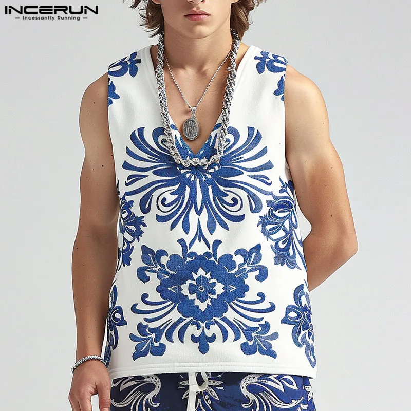 INCERUN Men Tank Tops Printing V Neck Sleeveless Summer Casual Male Vests Streetwear 2024 Fashion Leisure Men Clothing S-5XL