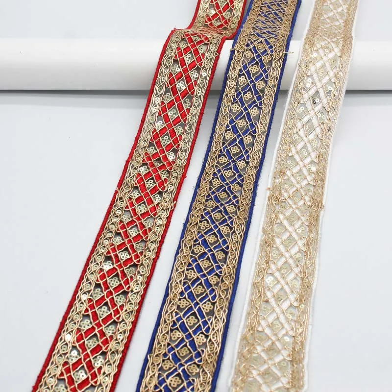 30Yards 4cm Ethnic Style Lace Ribbon Rhombus Sequins Bar Code Golden Corded Embroidery Lace Trim For Clothing Accessories