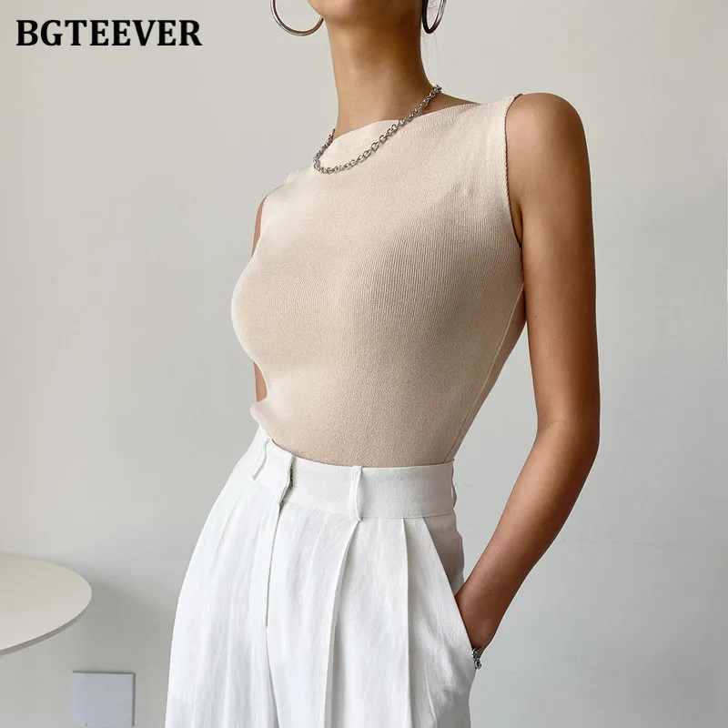 BGTEEVER Stylish Sleeveless Ladies Knitted Vests Summer Elegant Slim Camisole Women Tank Tops