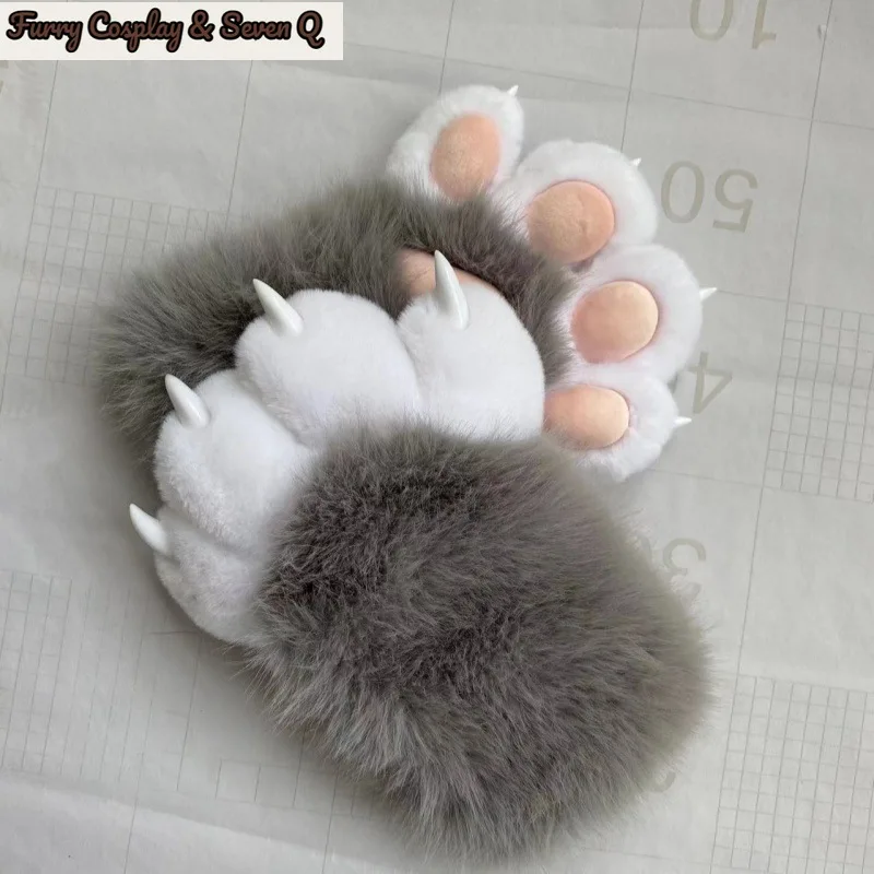 Furry Cosplay& Seven Q Furry Paw Gloves, Animal Cosplay Claws with Nails, Cute Plush Cat Paw Gloves for Costume Party 5