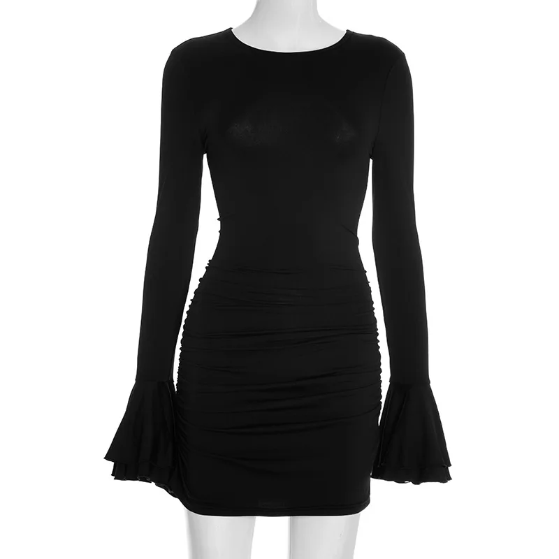 Frauen Casual Flare Langarm Rüschen Mini Kleid Outfits Bodycon Geraffte O Neck Sexy Party Club Herbst Winter Kleider Vestido