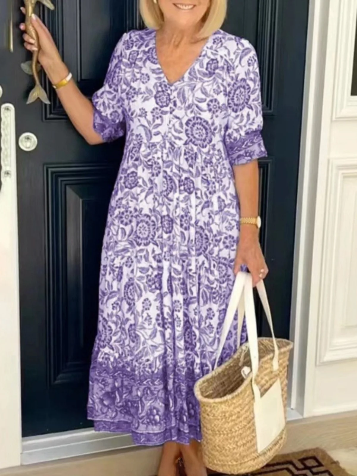 Ele V-ne Single-Button Floral Print Midi Dr Faionable ort-sved Midi-Länge Dr zum Pendeln