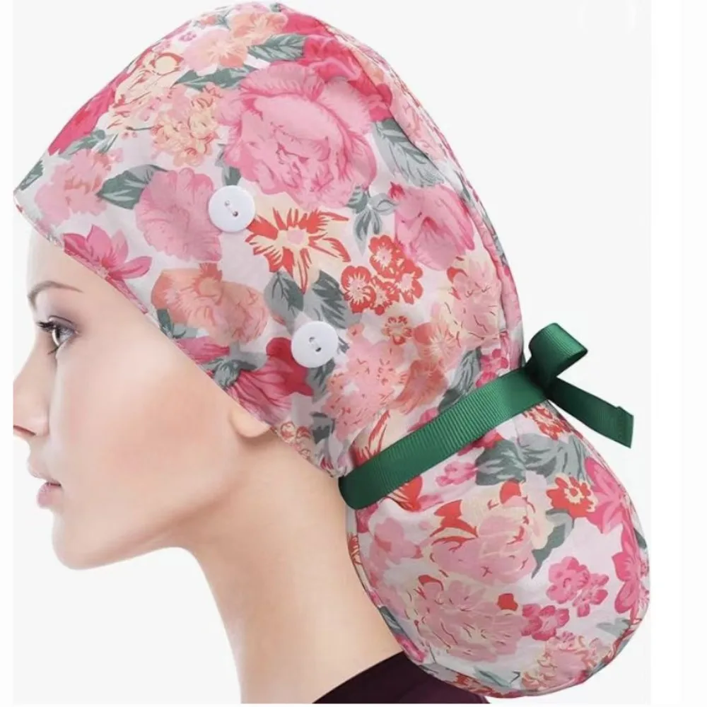Practical Ponytail Pouch Satin Scrub Caps Button Closure Adjustable Tie Nursing Hats Frizz Reducing Turban Hats Unisex
