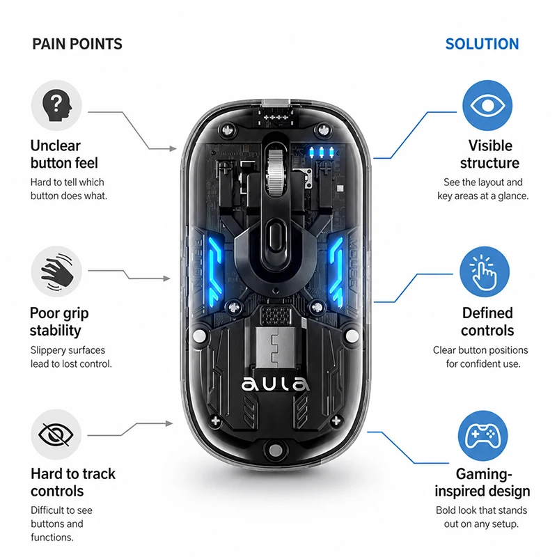 AULA AM210 Bluetooth Mouse Dual Mode Transparent Shell Type-C Charging Seven Lights Effect Third Gear Adjustable DPI