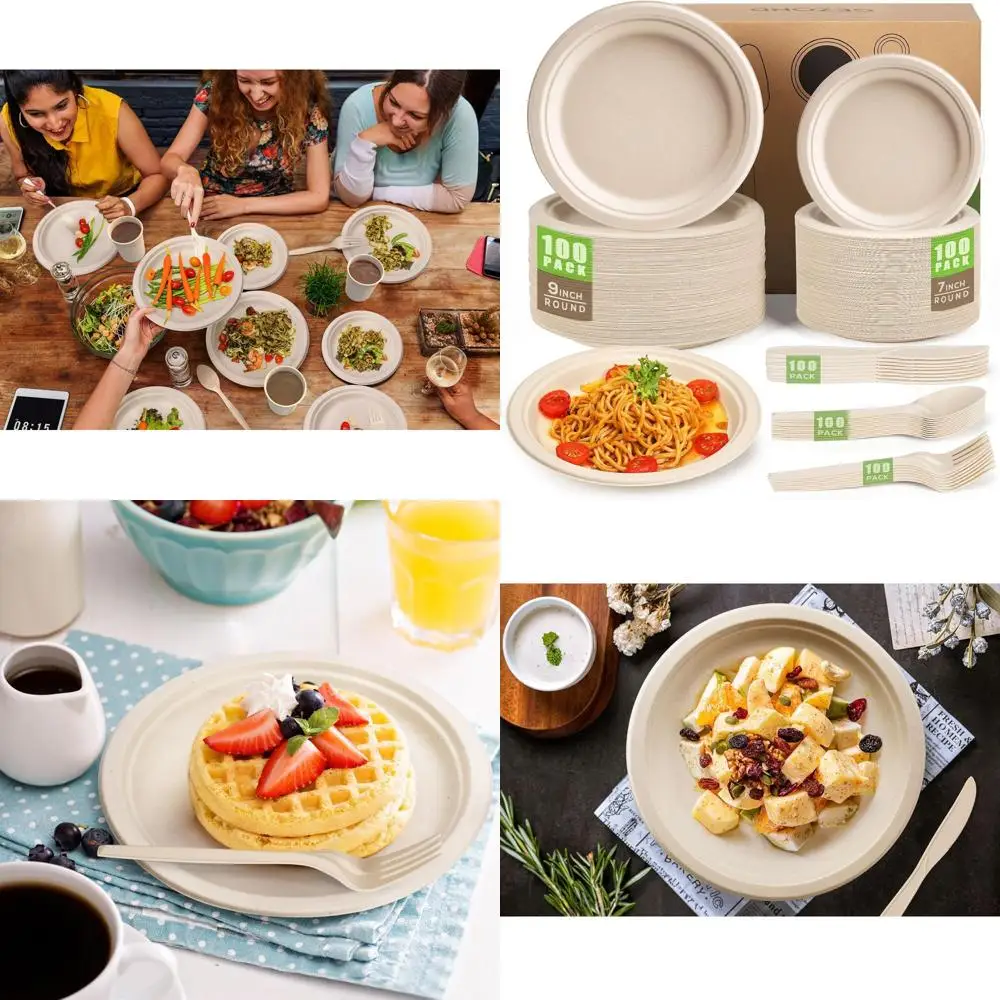 

Экологичный набор из 500 прочных компостируемых бумажных тарелок и столовых приборов для вечеринок и пикников