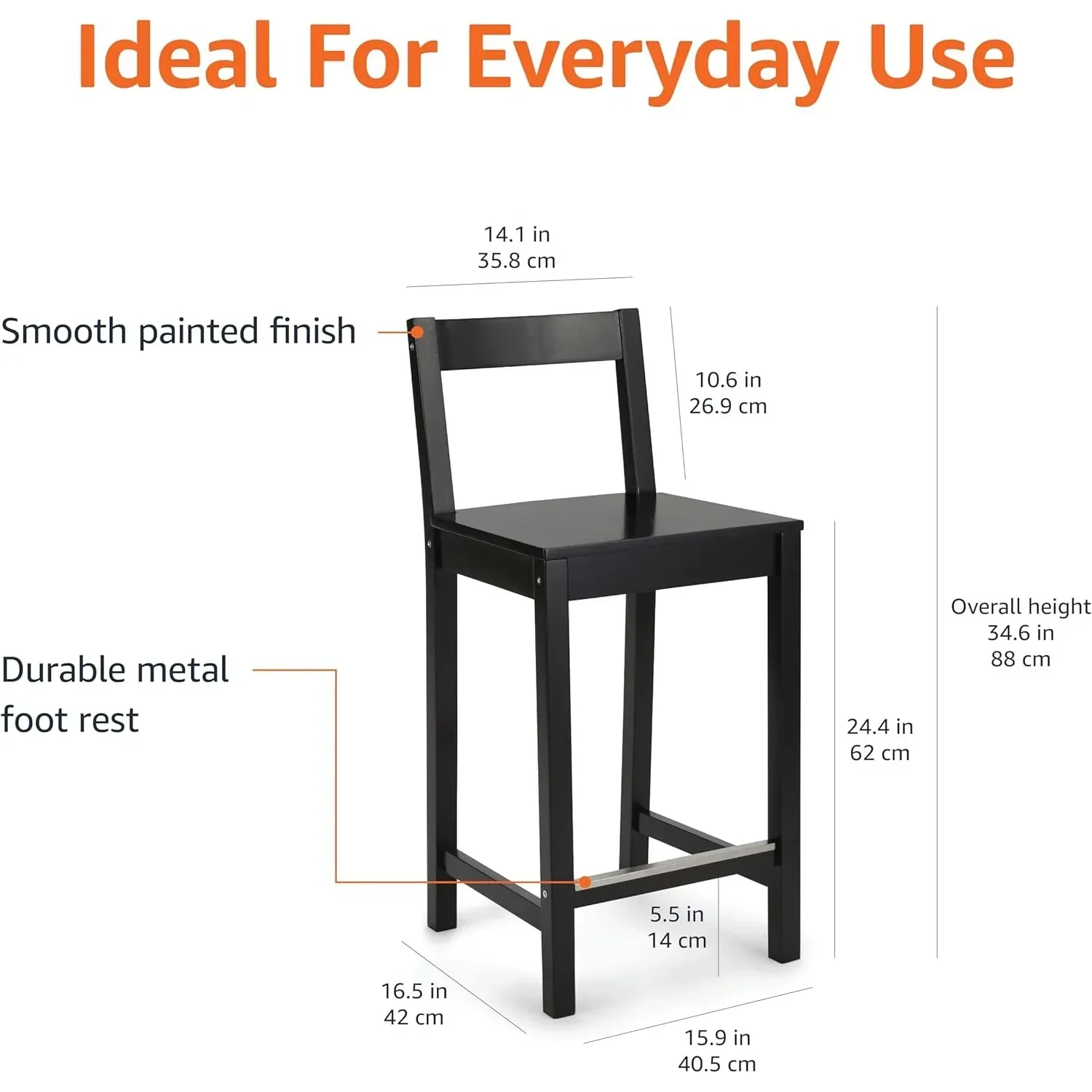 Black 24 Inch Wood Bar Stools 2-Pack, with Backrest - Sturdy & Smooth Seating for Kitchen Island