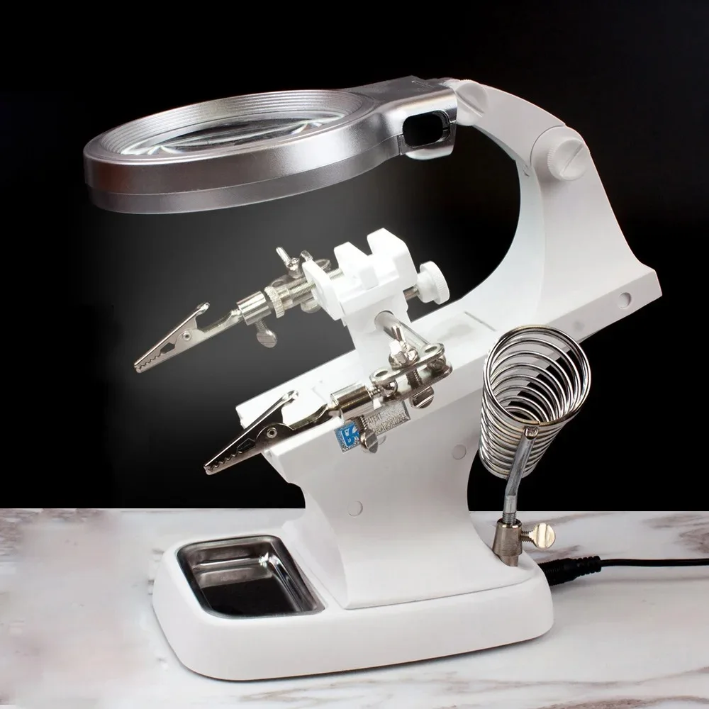 

3X/4.5X Hand Soldering Iron Stand Welding Tool With Magnifying Glass Illuminated LED Alligator Clip Holder Clamp Helping Repair