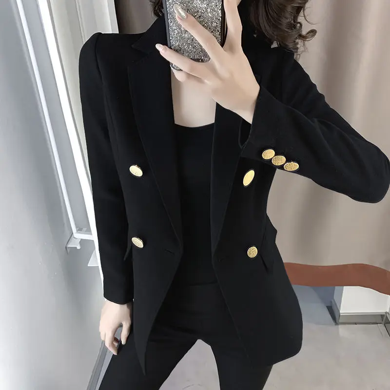 

Black Blazer Women Casual Temperament Female Outerwear Solid Double Breasted Suit Coat Office Ladies Chic Blazers Elegant Tops