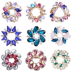 Glass Silk Scarf Buckle Brooches for Women Unisex Rhinestone Round Pins Office Party Friend Gifts Jewelry Accessories