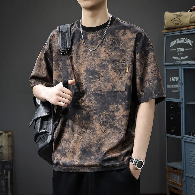 

Мужская футболка свободного кроя из ледяного шелка ort Sve Tie Dye Five-Quarter Sve Повседневный круглый летний топ Ne Youth Faion