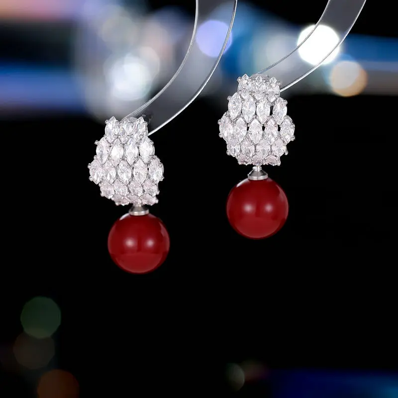 

s925 Silver Needle trendy earrings with a fairy-like style, shining diamond-shaped Zircon pearl earrings