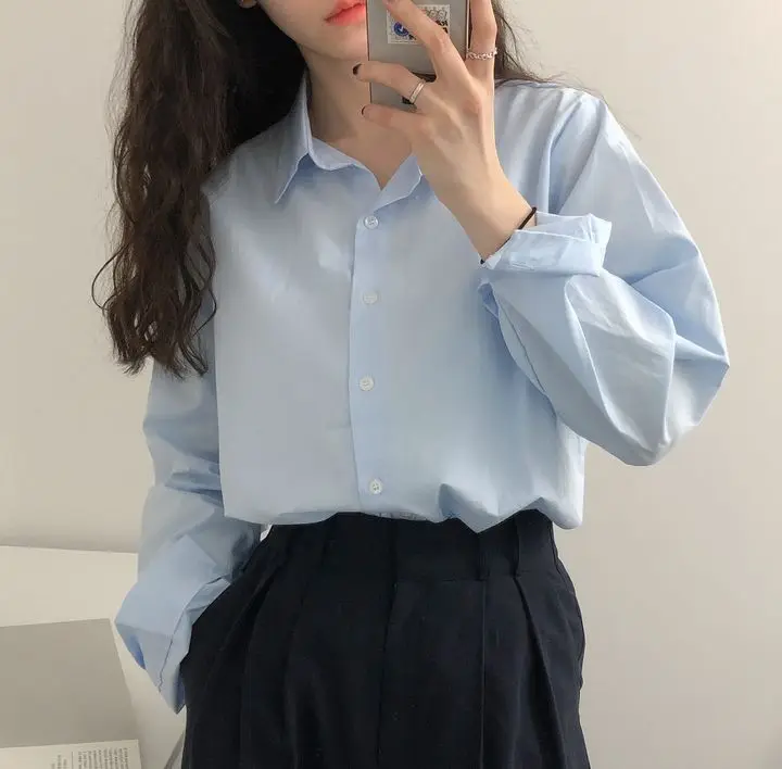 

Chic Blue Long Sve Women's irt Spring Autumn New Sle Versatile Retro Hong Kong Flavor Outerwear Collar Trendy Top