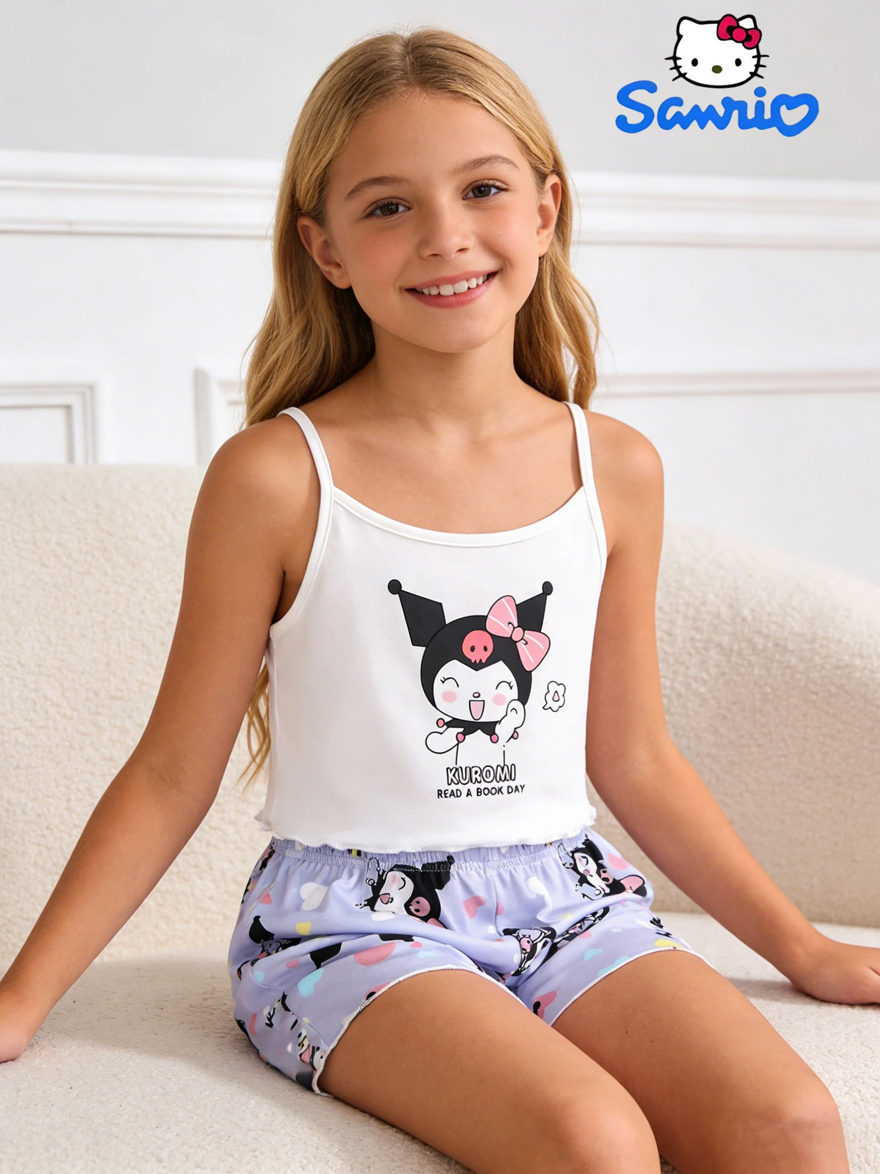 Sanrio Mädchen-Shorts-Set mit Trägern, Sommer-Edition, Kuromi Tanktop-Shorts-Zweiteiler, geeignet für Kinder-Sommer-Hauskleidung