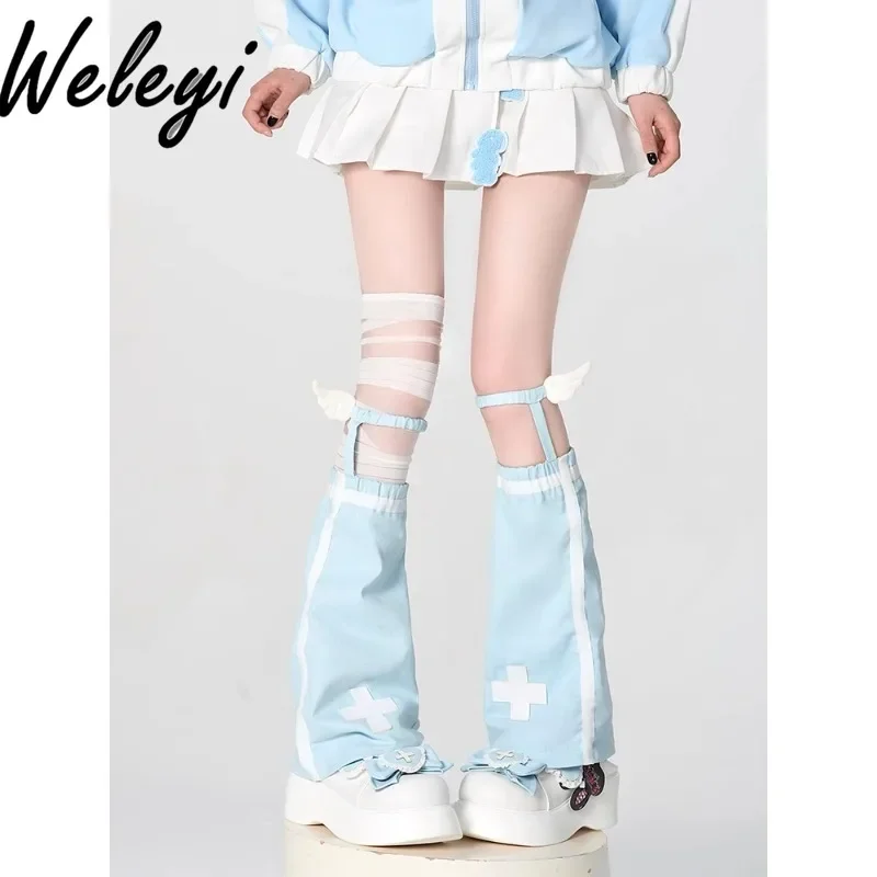 

Japanese Girl Mine Jirai Kei Thigh High Socks with Leg Warmer Subculture Cute Water Color Sky Blue Wing Strap Socks Leg Warmers