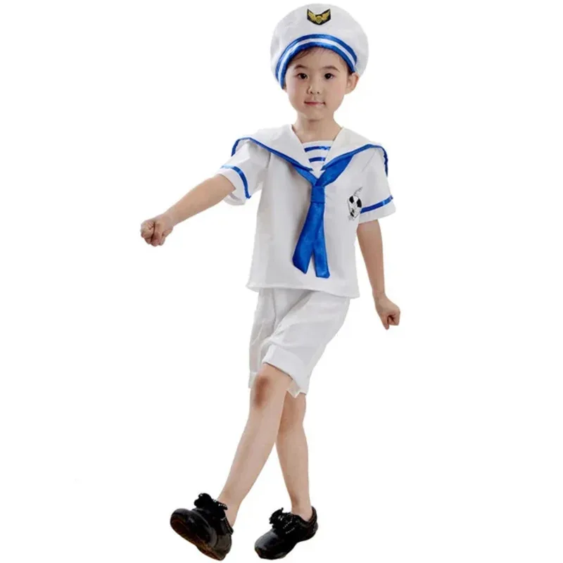 Children White Navy Military Uniform Girls Dress with Set 3PCs Performance Dance Wear Cosplay Costumes Kids Boys Sailor Suits OI