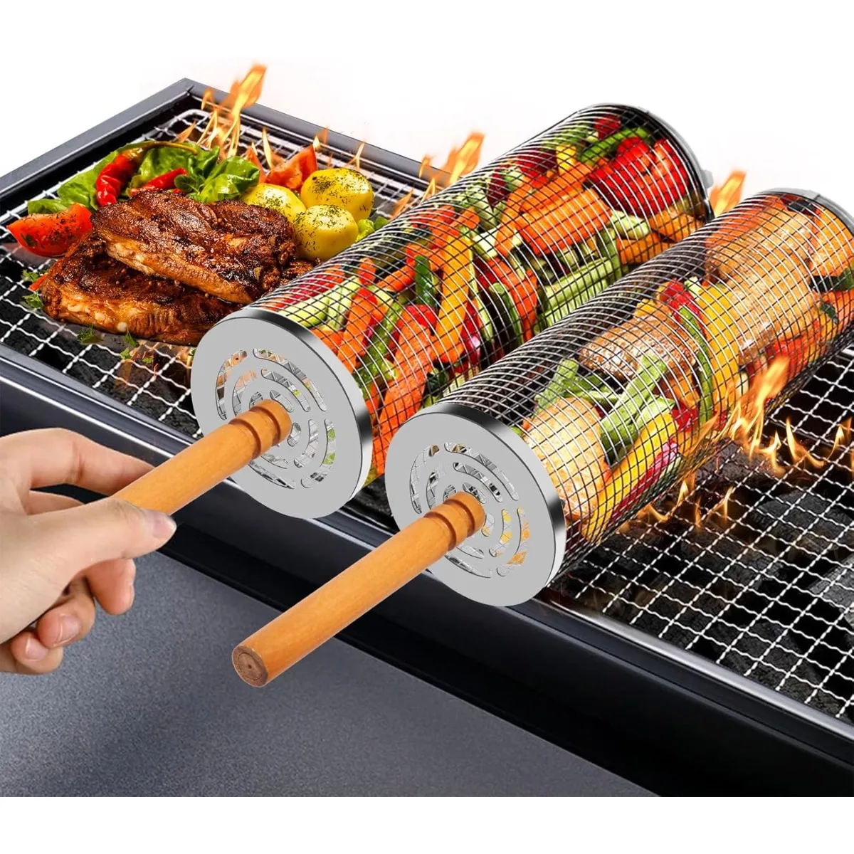 304 Stainless Steel Grilling Rolling Baskets Easy Nesting with Detachable Wooden Handle Perfect Outdoor Barbecue Tool