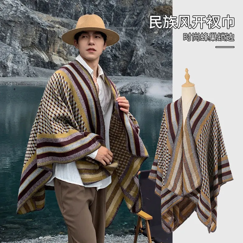 Men's Cloak Ethnic Retro Desert Travel Wrap Fashion Outerwear Scarf Warm and Comfortable Poncho Breathable Hooded Cape