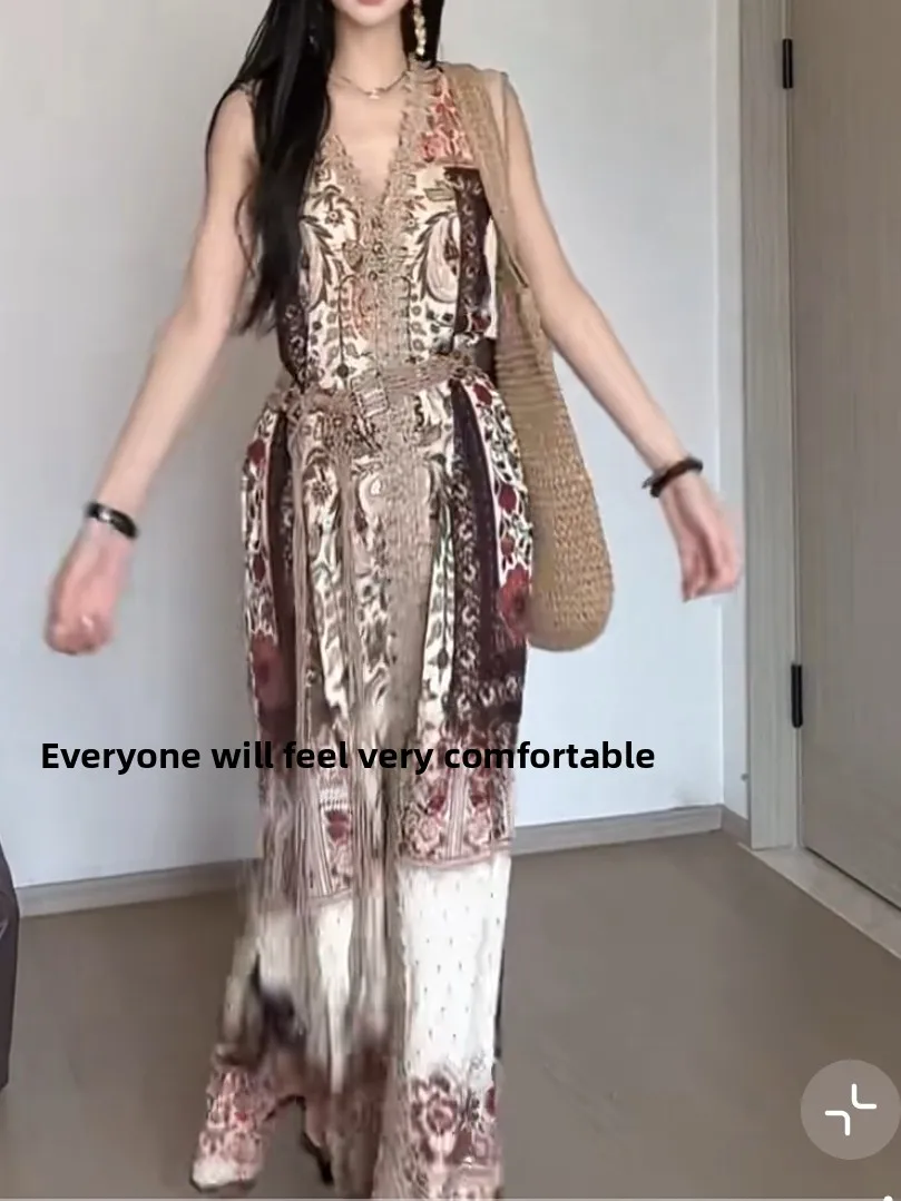 Retro n Print Tank Top Maxi Skirt Dr V Ne Slimming Holiday Gown Summer Season High Waist a Line SkirtLong Skirt