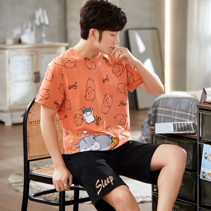 Cartoon Mens Nightwear Summer Comfortable Sleepwear Sleeping Tops Shorts 2 Pieces Pijamas Set Man Leisure Homewear Male Dropship