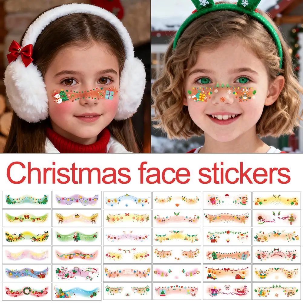Autocollants de visage de noël, cloches, nœud, cœurs, étoiles, rubans, tatouage de fête, accessoires de taches de rousseur, autocollants temporaires imperméables, maquillage A5S5