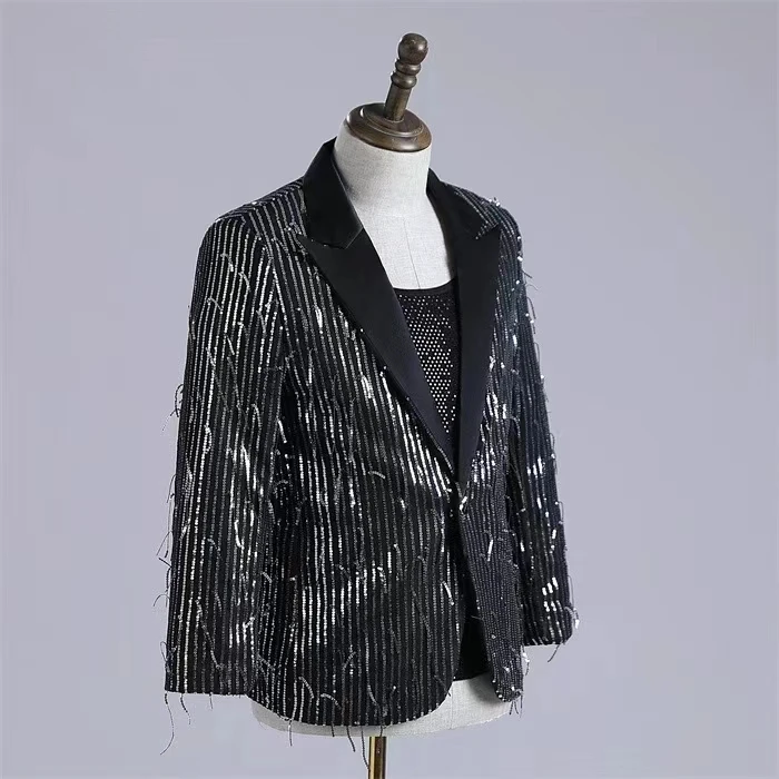 Cor bloqueio Tassel Sequin terno jaqueta, cantor masculino, equipe de dança, palco desempenho roupas, banquete anfitrião traje