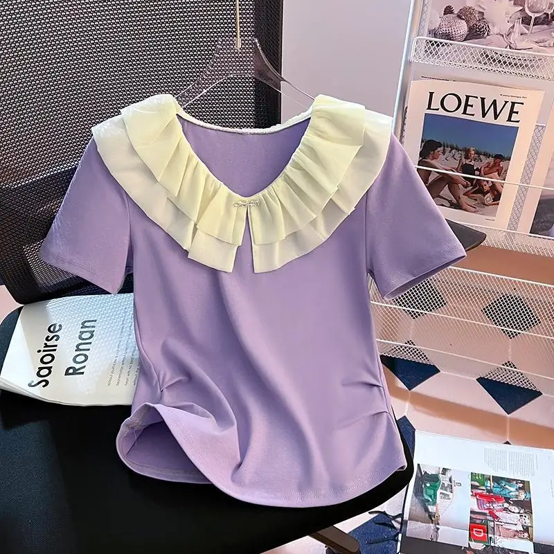 Wrinkled Ruffled Short-sleeved T-shirt for Women Summer Loose Irregular Half-sleeved Top JJ72