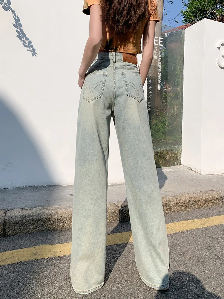 Light Blue Denim Straight Leg Pants For Women 2024 New High Waisted Wide Leg Trousers Fashion Versatile Solid Female Slacks