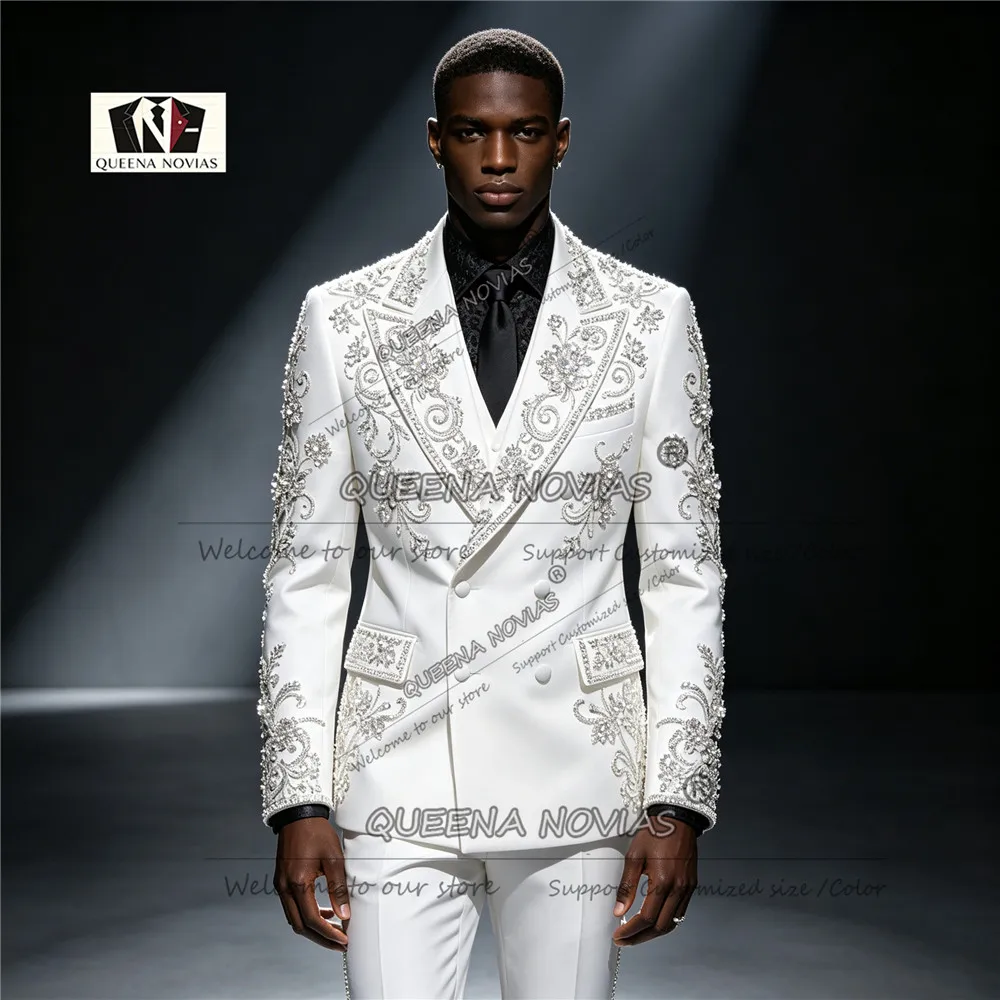 Sparkly Crystals Beading Suits Men 2 Piece Sets Double Breasted Jacket Trousers Customized Groom Dinner Party Tuxedo Ropa Hombre