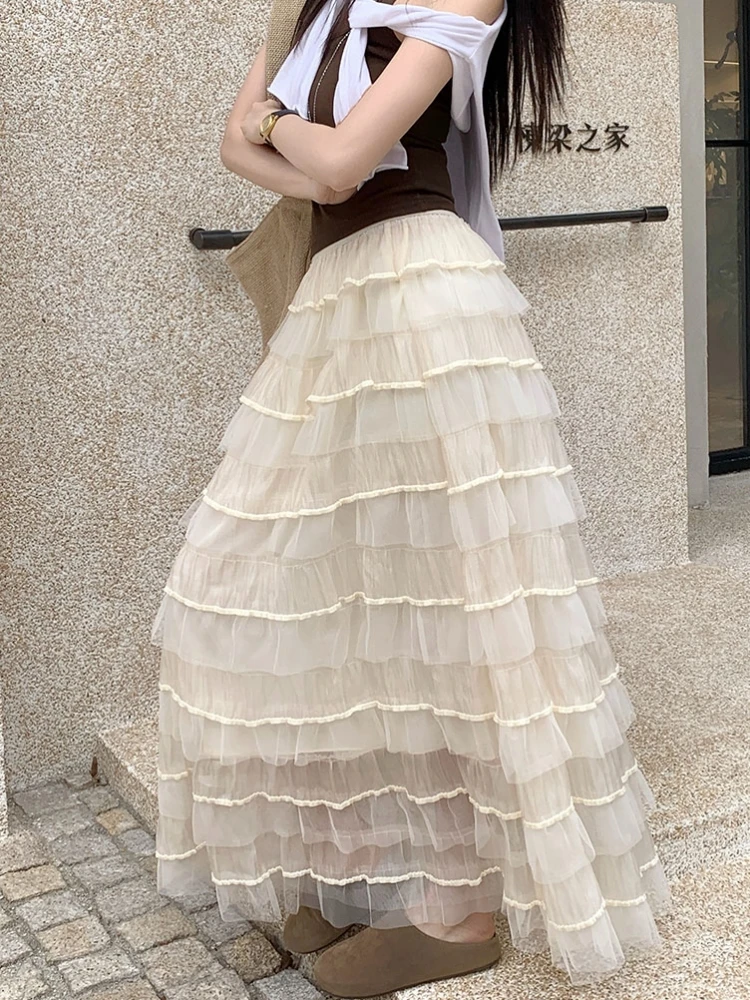 

Длинная юбка макси женская, сетчатая, в стиле готика-лолита, весна-лето 2026, с высокой талией, асимметричная, многослойная, с рюшами и оборками, пышная юбка-баллон, rok