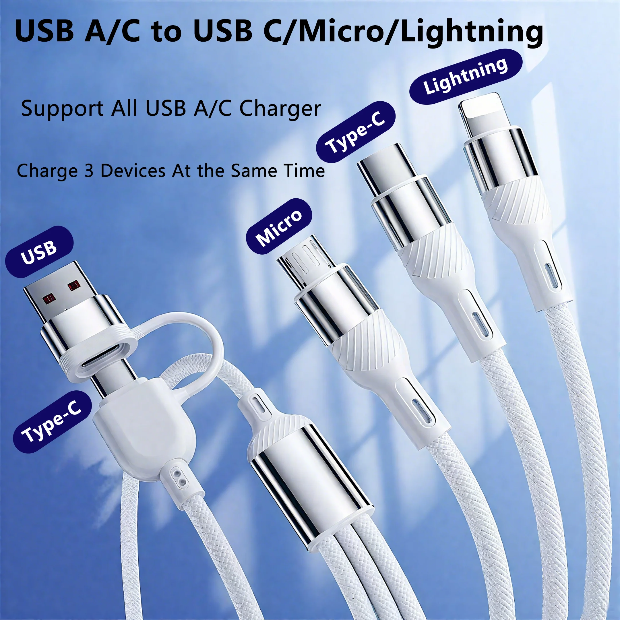 5 in 1 USB A/C to Lightning/Type C/Micro USB Ports Multible Fast Charging Cable for Iphone, Android, Tablet, Notebook All Device