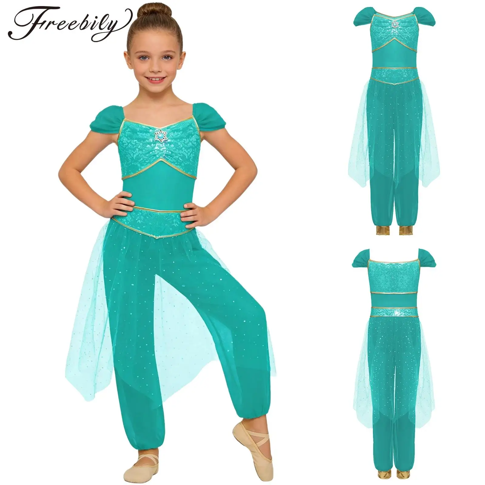 

Girls Arabian Cosplay Costume Roleplay Princess Outfit Sequined Jumpsuit for Festival Carnival Fairy-tale Belly Dance Rompers