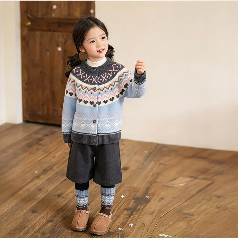 Girls' casual retro knit cardigan, new spring/autumn style, children's color-blocked Fair Isle sweater jacket