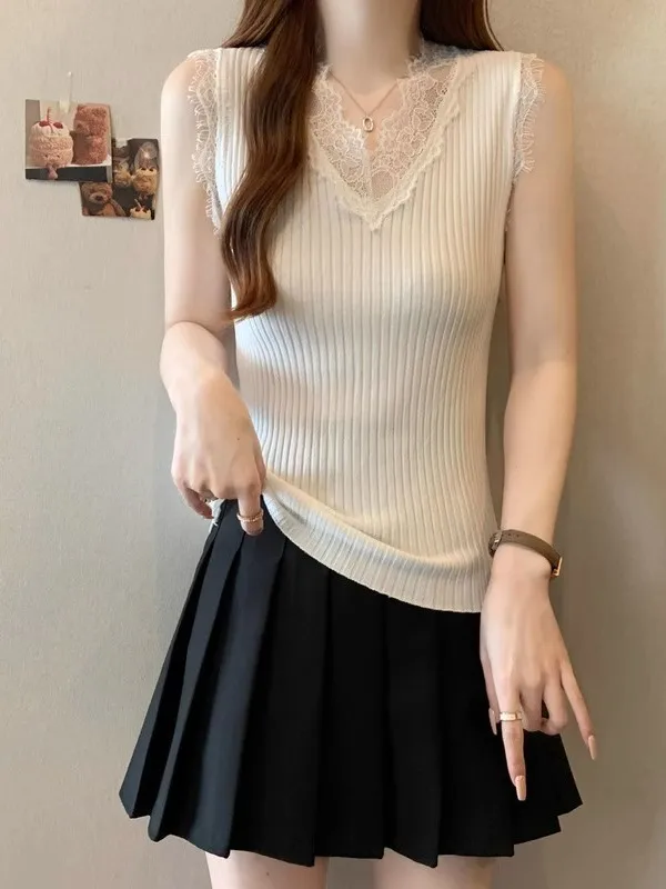 เสื้อคลุมผู้หญิงไซส์ใหญ่สำหรับฤดูร้อน ผ้าลูกไม้ปะติด แต่งขอบเสื้อแบบถัก คอวี ช่วยปกปิดหน้าท้อง สไตล์ลำลองแฟชั่น