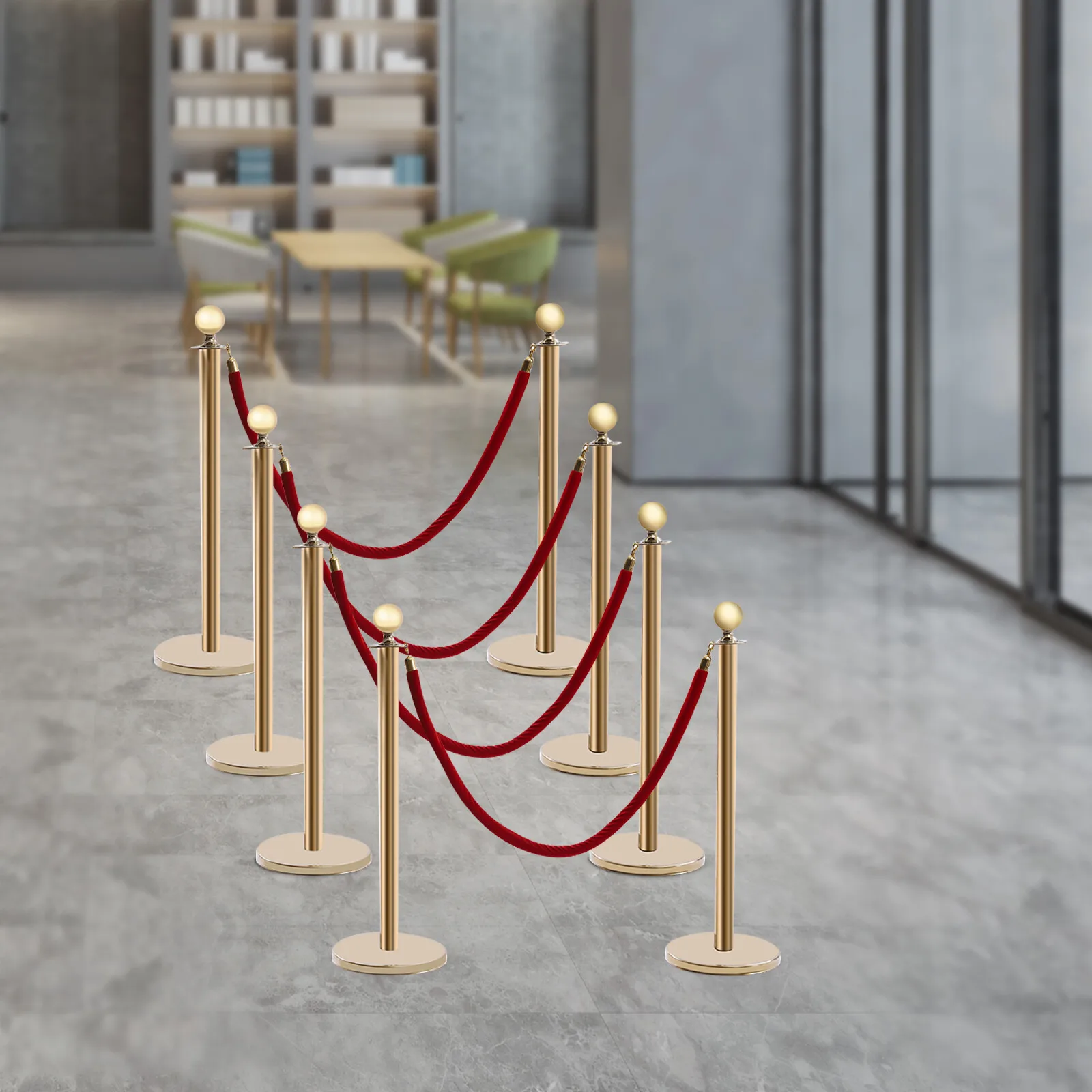 Gold&Red 8-Piece Stanchions With Ropes(Flexible&Secure) - Four-Way Top Connection&Customizable Layout, Rope End Buckles