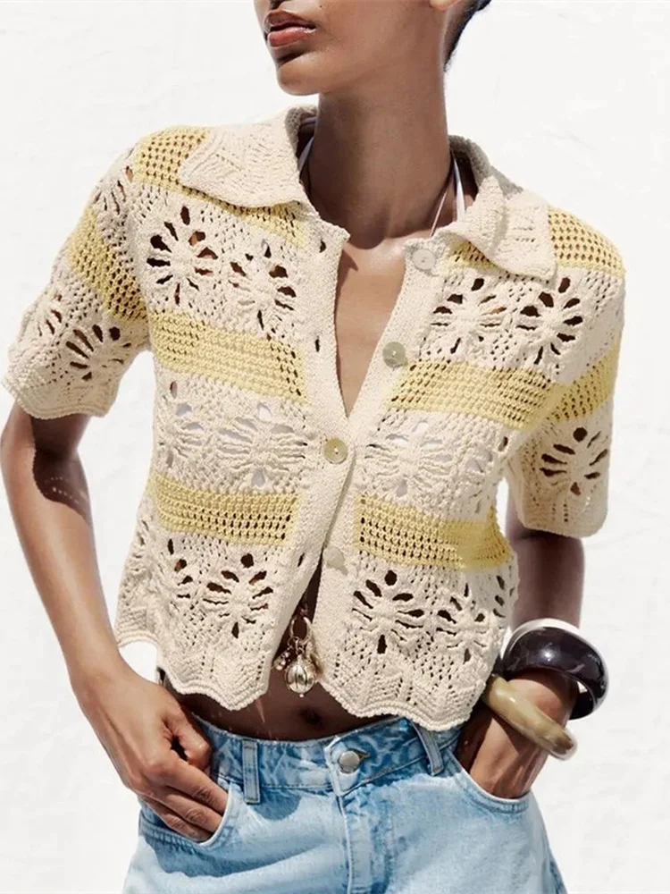 

Новое поступление лета, женский повседневный вязаный воротник с воротником-стойкой, ажурный топ Me для поездок на работу, длинный све