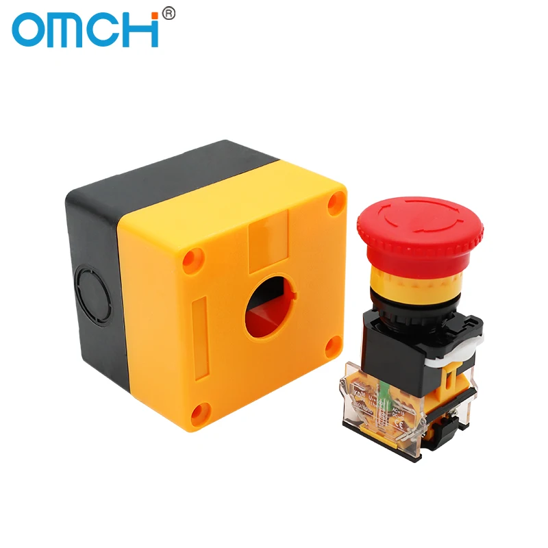 Interruptor de botão de travamento automático OMCH com caixa, cabeça de cogumelo, sinal vermelho, NO + NC, AC660V, 10A, parada de emergência
