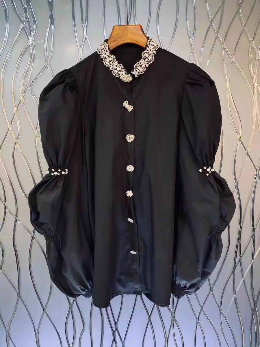 New In Autumn 2024 Cotton Shirts Blouses For Women Retro Puff Sleeve Beaded Collar Black Shirt Loose Casual Fashion Top